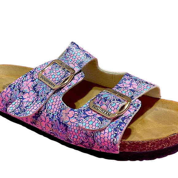 Simply Southern Floral Buckle Slip on Flip Flop Sandals Size 9 Pink/Blue - Picture 4 of 14
